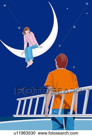 Clipart - Young woman sitting on moon, young man with ladder. Fotosearch