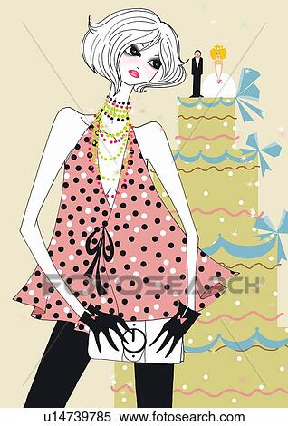 Young woman standing next to wedding cake View Large Illustration Stock Illustration - Young woman standing next to wedding cake. Fotosearch