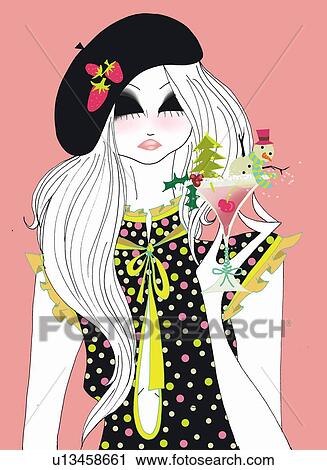 Young woman with Christmas cocktail View Large Illustration Clip Art - Young woman with Christmas cocktail. Fotosearch