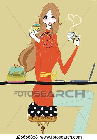Young woman with coffee, a sweet, and laptop View Large Illustration Stock Illustration - Young woman with coffee, a sweet, and laptop. Fotosearch