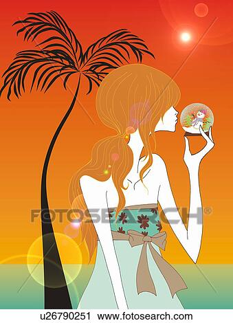Clip Art - Young woman with glass ball snow man on tropical beach. Fotosearch