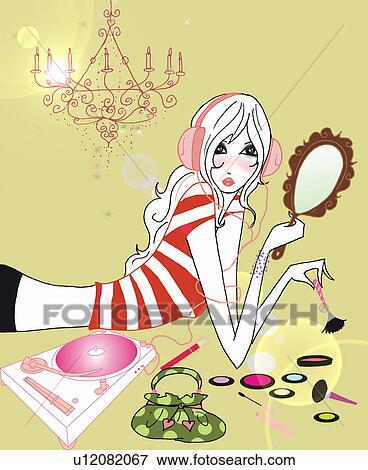 Young woman with headphones, record player, and make up View Large Illustration Stock Illustration - Young woman with headphones, record player, and make up. Fotosearch