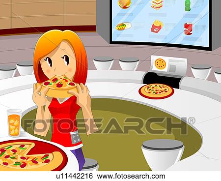 少女の肖像画 ピザを 食べること 中に レストラン イラスト U Fotosearch