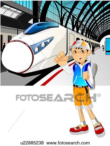 男の子 地位 中に 地下鉄の駅 列車 中に 背景 イラスト U Fotosearch