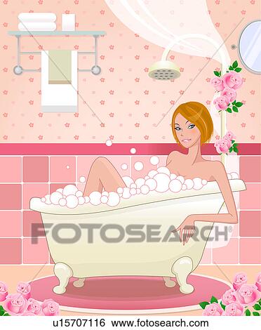 肖像画 の 若い女性 中に 浴槽 イラスト U Fotosearch