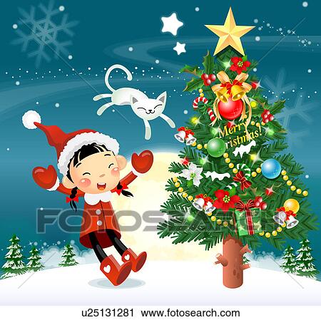 Girl Standing By Christmas Tree Clip Art U25131281 Fotosearch