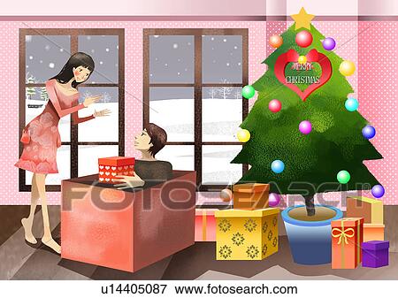 Regalo Natale Ragazza.Uomo Dare Ragazza Regalo Natale Archivio Illustrazioni U14405087 Fotosearch