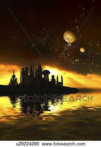 Clipart - Alien city, artwork. Fotosearch