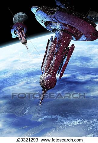 Drawing - Alien spaceship, artwork. Fotosearch