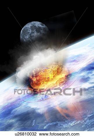 Drawing - Asteroid impact seen from space, artwork. Fotosearch