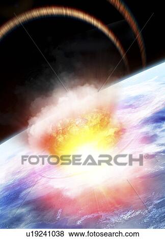 Stock Illustration - Asteroid impact seen from space, artwork. Fotosearch
