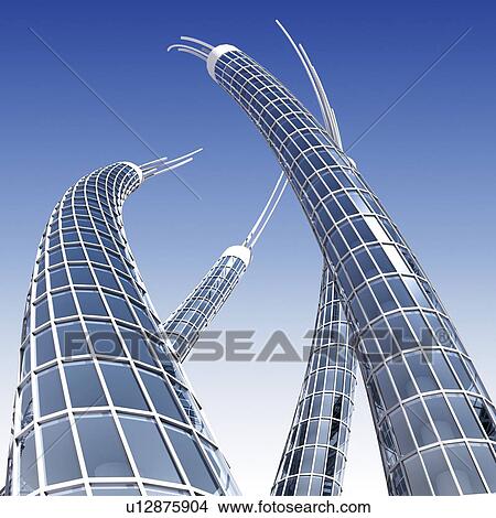 Futuristic skyscrapers, artwork View Large Illustration Stock Illustration - Futuristic skyscrapers, artwork. Fotosearch
