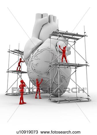 Heart with workers, heart repair View Large Illustration Drawing - Heart with workers, heart repair. Fotosearch
