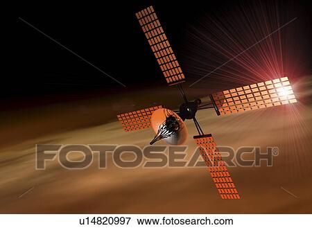 Stock Illustration - Satellite orbiting Mars, artwork. Fotosearch