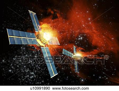 Clipart - Solar flare hitting satellite, artwork. Fotosearch