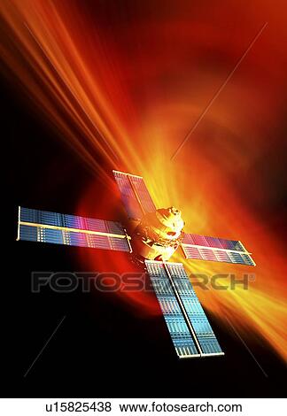Stock Illustration - Solar flare hitting satellite, artwork. Fotosearch