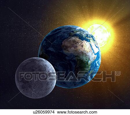 Earth, Moon and Sun, artwork View Large Illustration Stock Illustration - Earth, Moon and Sun, artwork. Fotosearch