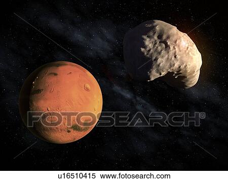 Stock Illustration - Mars and Deimos, artwork. Fotosearch