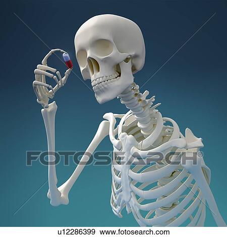 Stock Illustration - Skeleton with pill, artwork. Fotosearch