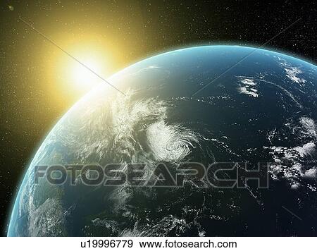 Stock Illustration - Sunrise over Earth, artwork. Fotosearch