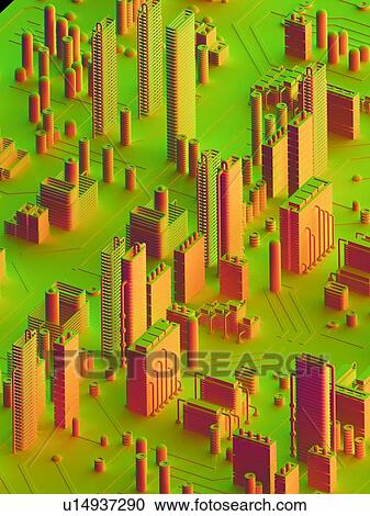Clipart - Circuit city, computer artwork. Fotosearch