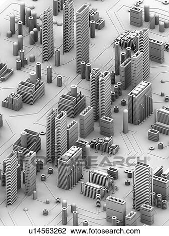 Circuit city, computer artwork View Large Illustration Drawing - Circuit city, computer artwork. Fotosearch