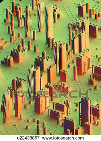 Stock Illustration - Circuit city, computer artwork. Fotosearch