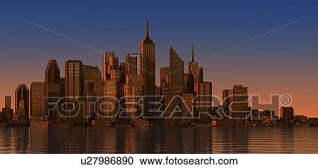 Clipart - Cityscape at sunset, artwork. Fotosearch