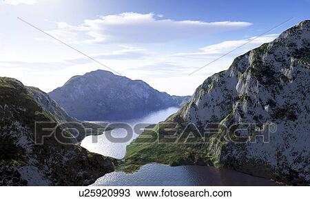 Drawing - Mountain lake, artwork. Fotosearch