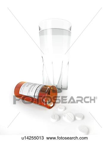 Pills and glass of water, artwork View Large Illustration Drawing - Pills and glass of water, artwork. Fotosearch