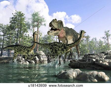 Stock Illustration - Tyrannosaurus rex hunting, artwork. Fotosearch