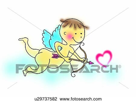 Drawing - illustration, angel, boy, cupid, bow and arrow cute, smile, wing. Fotosearch