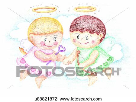 Illustration Angel Boy Girl Cute Smile Ring Drawing U1872 Fotosearch