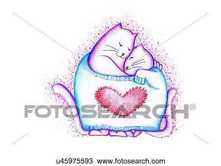 Illustration Coeur Chat Baiser Amour Dessin U Fotosearch