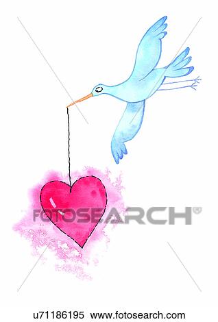 illustration, heart, bird, hold by the teeth View Large Illustration Stock Illustration - illustration, heart, bird, hold by the teeth. Fotosearch