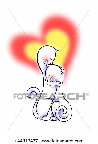 Stock Illustration - illustration, heart, cat, fall in love, shy. Fotosearch
