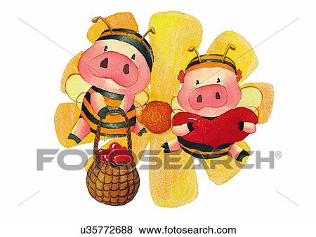 illustration, heart, pig, bee, apple, flower View Large Illustration Stock Illustration - illustration, heart, pig, bee, apple, flower. Fotosearch