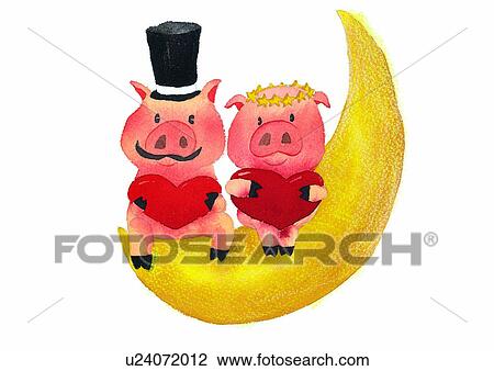 illustration, heart, pig, moon View Large Illustration Drawing - illustration, heart, pig, moon. Fotosearch