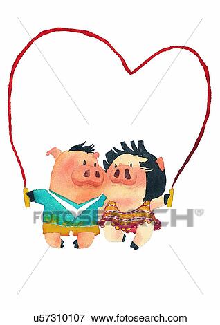 Stock Illustration - illustration, heart, pig, rope skipping. Fotosearch