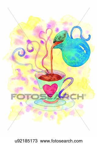 illustration, heart, teacup, teapot, tea View Large Illustration Drawing - illustration, heart, teacup, teapot, tea. Fotosearch
