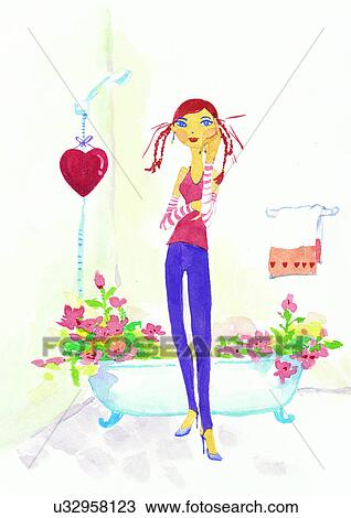 Drawing - illustration, person, flower, bathroom, bath, towel, balloon. Fotosearch