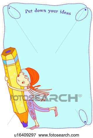 Stock Illustration - Image Dictionary, illustration, background, frame, pencil, girl, blue. Fotosearch