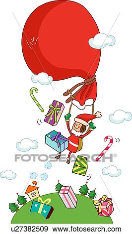 女の子 中に A サンタの 衣裳 飛行 で A 贈り物袋 イラスト U Fotosearch