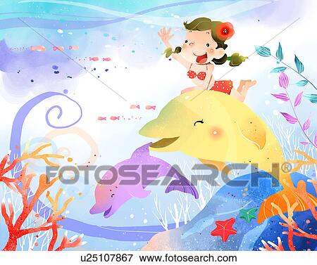 女の子 乗馬 上に イルカ Fish 中に 水 イラスト U Fotosearch