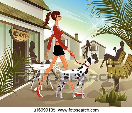 女性の歩くこと で 犬 で カフェ 中に 背景 イラスト U Fotosearch