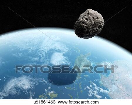 Drawing - Asteroid approaching Earth, artwork. Fotosearch