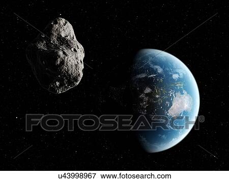 Stock Illustration - Asteroid approaching Earth, artwork. Fotosearch