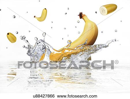 Stock Illustration - Banana splashing into water, artwork. Fotosearch