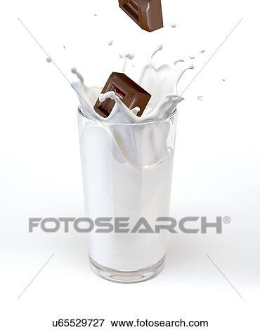 Stock Illustration - Chocolate falling into milk, artwork. Fotosearch