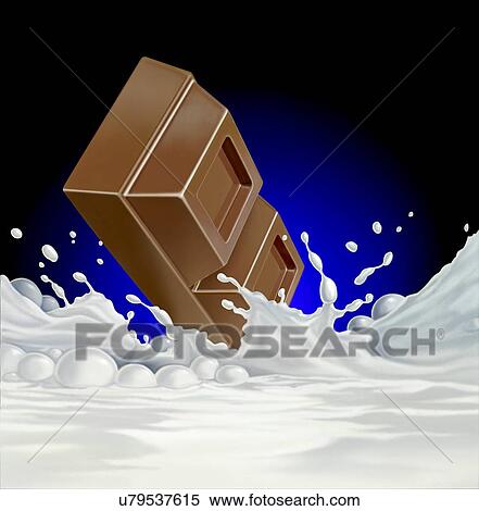 Stock Illustration - Chocolate falling into milk, artwork. Fotosearch